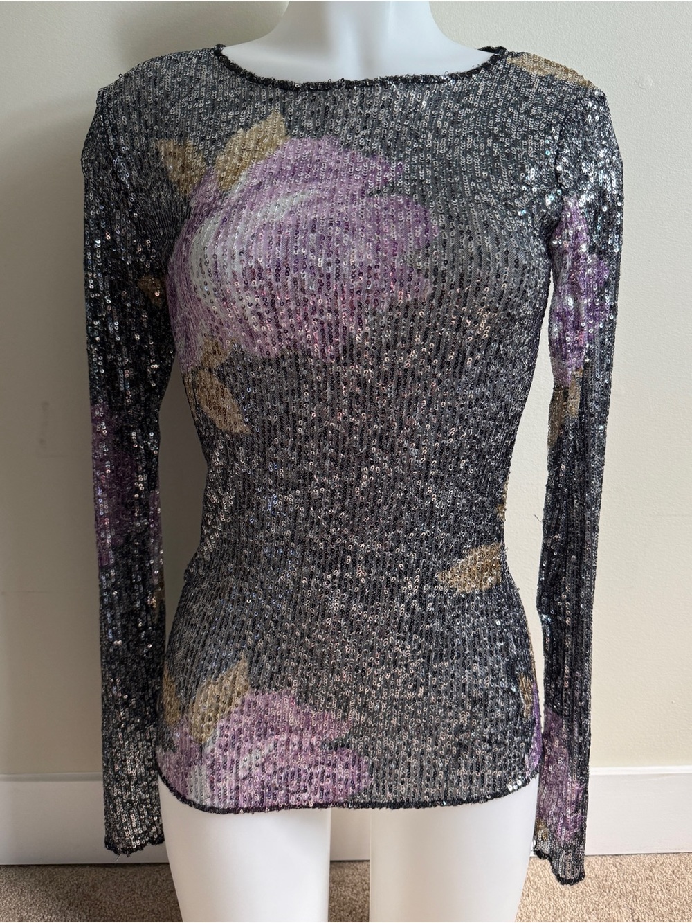Free People Black Sequin Long-Sleeve Top with Purple Floral